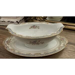 Noritake Naomi Gravy Boat w/ Attached Underplate – Blue Floral & Gold Trim